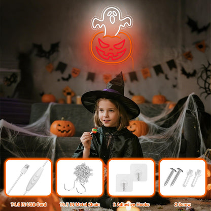 Halloween Pumpkin Neon Sign Decor Indoor, Ghost Halloween Window Lights Decorations LED Neon Sings for Wall Decor (Ghost Pumpkin)