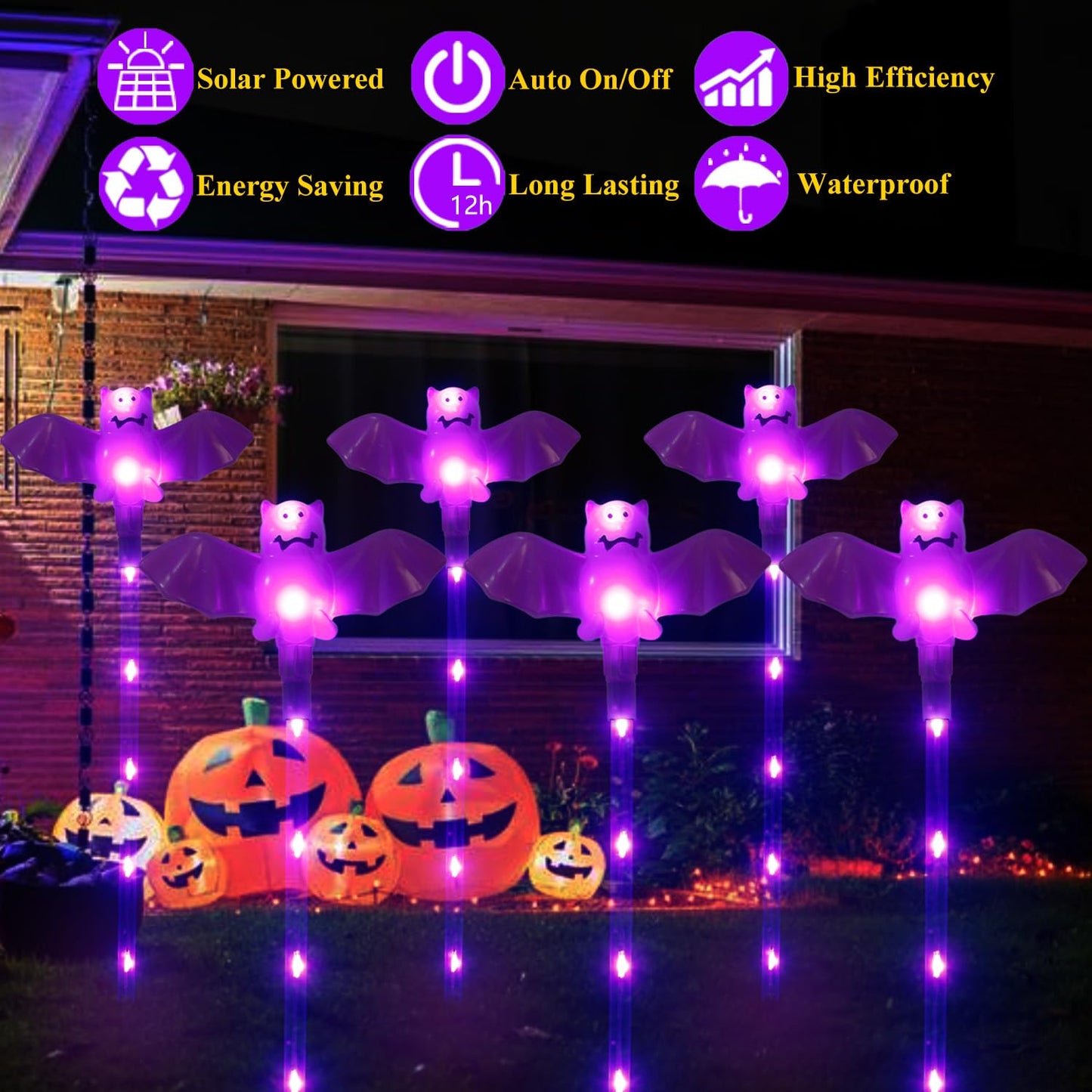 Xingpold Halloween Decorations Outdoor Solar Bat Garden Lights,6 Pack 56LED Solar Halloween Bats Lights, Waterproof Solar Pathway Lights for Outside Patio Yard Lawn Grave Party Gifts Decor Purple