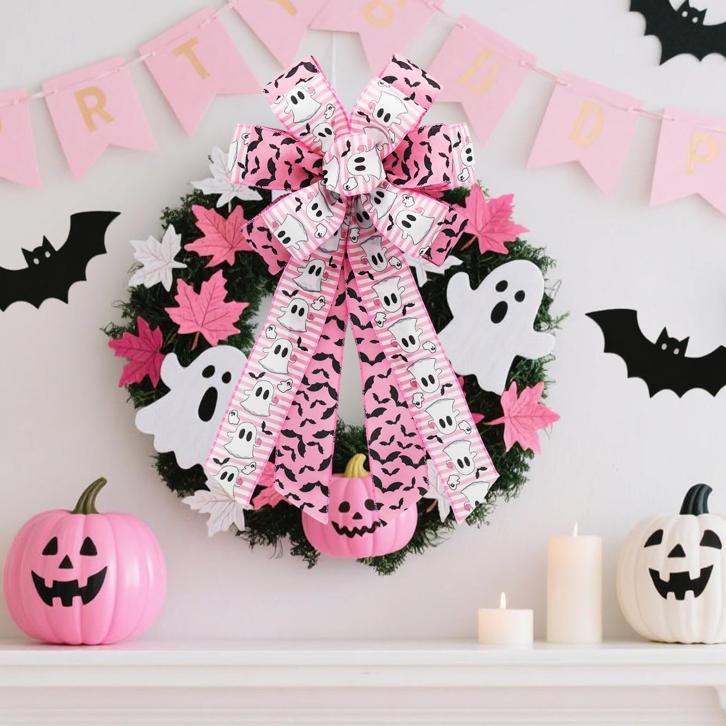 Craflox Pink Halloween Wired Ribbon for Wreath Bows, 4 Rolls, 2.5″ Wide, 20 Yards Total, Pastel Girly Halloween Ghost Wired Ribbons for Crafts Supplies, Pumpkin Cat Ribbon Bow