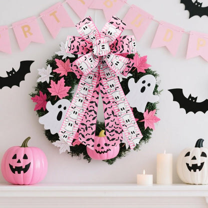 Craflox Pink Halloween Wired Ribbon for Wreath Bows, 4 Rolls, 2.5″ Wide, 20 Yards Total, Pastel Girly Halloween Ghost Wired Ribbons for Crafts Supplies, Pumpkin Cat Ribbon Bow