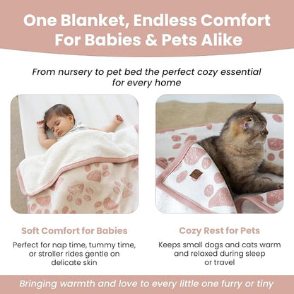 Baby & Pet Blanket 100% Cotton with Sherpa Fleece – Soft Stroller Blanket for Baby, Dog & Cat – Breathable, Hypoallergenic, Washable – 76×96 cm Pink Beige