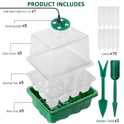 Tuidshui Seed Starter Tray with Grow Lights 5 PCS Kit Humidity Dome Adjustable Brightness Timer Controller 8 LED Seedling Trays with Tall Lid Mini Greenhouse for Staring Seedlings