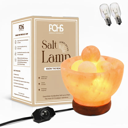 POHS Himalayan Pink Salt Fire Bowl Lamp with 5 Massage Balls, dimmable Switch Electrical Cord, with Replaceable Bulbs, Premium Wood Base.