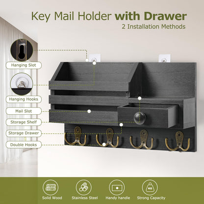 HOMEBROS Key Holder Wall Mount, Wooden Adhesive Mail and Key Organizer with Drawer, Small Shelf, 8 Hooks, 2 Installation Methods, Black