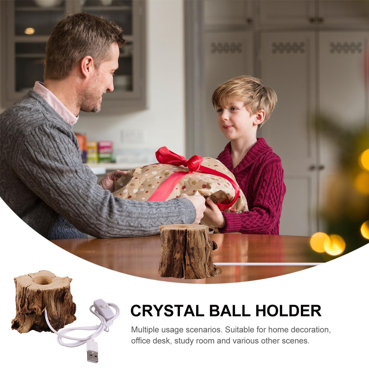 ARTIBETTER Tree Stump Led Light Ornament with Wooden Crystal Ball Stand Usb Night Light 3.54 Inch Lighted Crystal Sphere Base for Home Office Desk Decoration