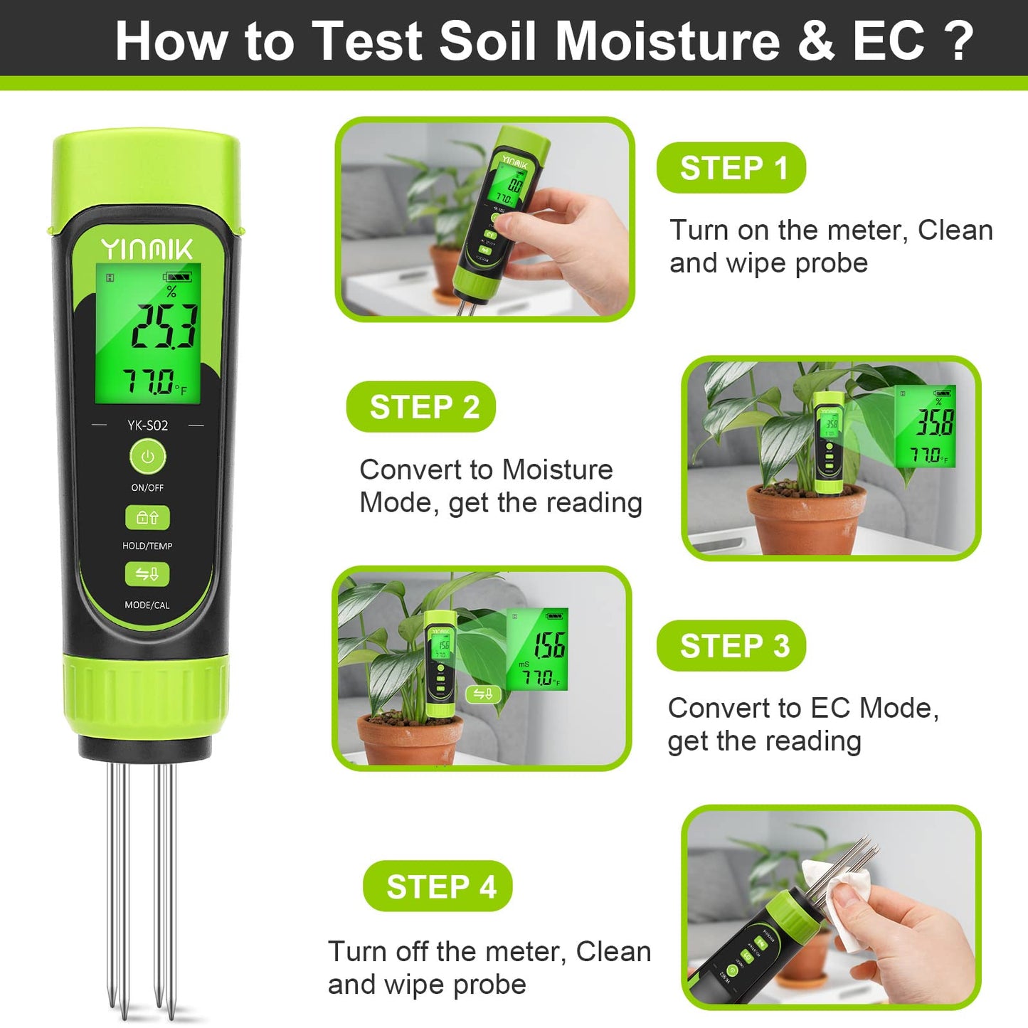 YINMIK Digital Soil Moisture Meter,Direct Soil EC Meter,3 in 1 Soil Hygrometer EC Indoor Plant Soil Moisture Meter for Water,House Plants,Great Hygrometer for Gardeners,Composters,Farmers,Nurseries