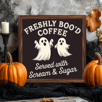 Spooky Halloween Theme Freshly Boo'd Coffee Wooden Sign, With Frame Coffee Bar Art Plaque Sign for Home Kitchen, Cafe, Bar, Garage Halloween Decor 7.87x7.87 Inch