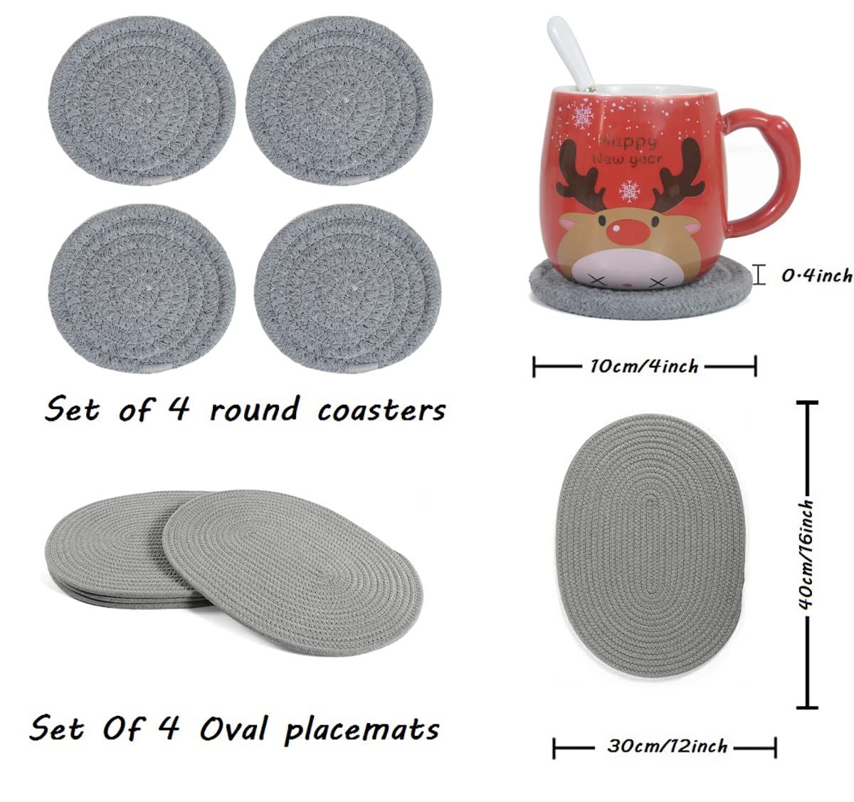 WENFOME 4 Pack Oval Woven Placemats, Gray Cotton Rope Braided Placemats with 4 Pack Round Fabric Coasters, Heat-Resistant Non-Slip Cotton Table Mats Charger Plates for Table Decoration (Gray)