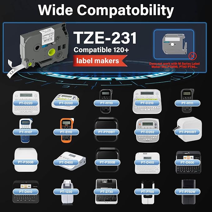 TZE-231 Label Maker Tape 12mm 0.47 Laminated Black on White 1/2" x 8m Replacement for Ptouch TZ TZE TZE231 Label Tape Cassette for PT-D220 PTD220 D220 PT-D210 PTD210 PT-H110 PT-D200 PT-D410 (10 Pack)