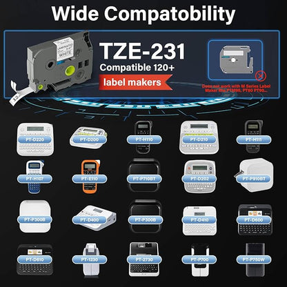 TZE-231 Label Maker Tape 12mm 0.47 Laminated Black on White 1/2" x 8m Replacement for Ptouch TZ TZE TZE231 Label Tape Cassette for PT-D220 PTD220 D220 PT-D210 PTD210 PT-H110 PT-D200 PT-D410 (10 Pack)