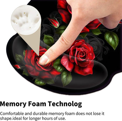 Mouse Pad with Wrist Support Gel, Ergonomic Mouse Pad with Comfortable Wrist Rest, Gaming Mousepad Non-Slip PU Base for Laptop Office Easy Typing & Pain Relief,Red Roses Flowers