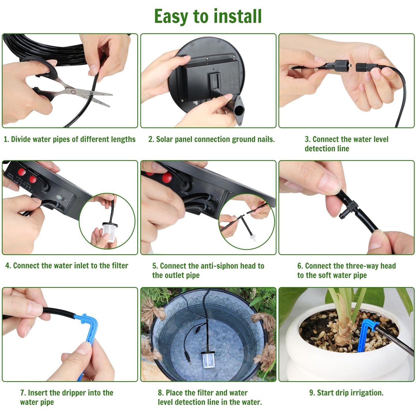 TRJZWA Solar Irrigation System Automatic Drip Irrigation Kit for Outdoor/Indoor Garden Watering System with Water Level Detection,Drip Irrigation System for 15 Potted Plant with 15m Water Hose