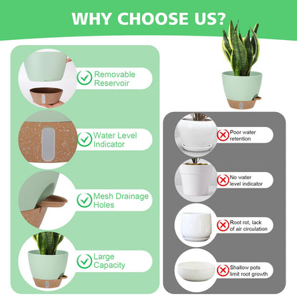 12" 10" 9" 8" Self Watering Pots with Water Level Indicator, Large Plastic Planters Set with Mesh Drainage Hole and Removable Saucer Reservoir, Big Flower Pot for Indoor Outdoor Plants (Green)