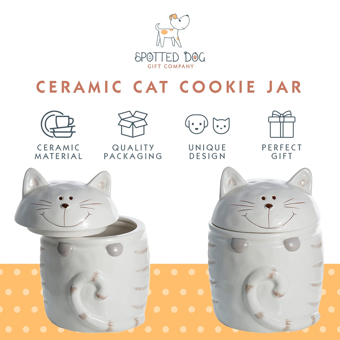 SPOTTED DOG GIFT COMPANY Ceramic Cookie Jar with Lid, Large Cat Treat Container for Cookies & Biscuits, Cute Novelty Kitchen Storage for Countertop, Gifts for Cat Lovers - 47oz White