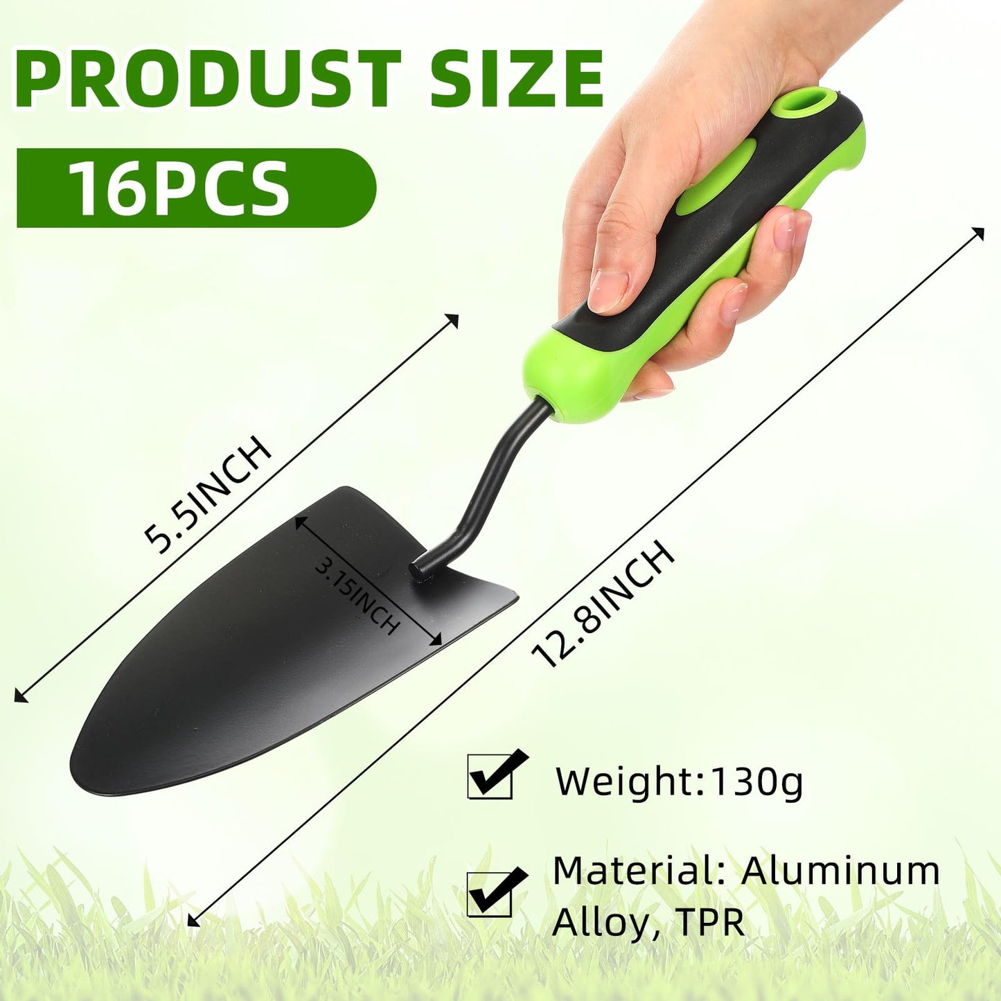 Yaocom 16 Pcs Garden Shovel Aluminum Alloy Heavy Duty Trowel Small Digging Shovels Metal Hand Trowel Spade with Soft Handle for Garden Lawn Yard Planting Tool (Shovel with Ruler,Green)