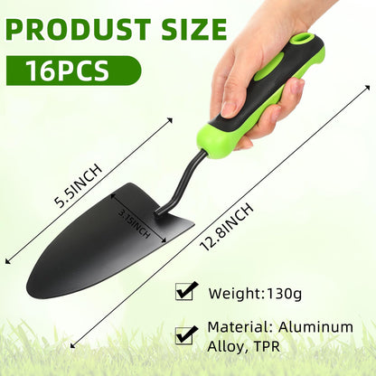Yaocom 16 Pcs Garden Shovel Aluminum Alloy Heavy Duty Trowel Small Digging Shovels Metal Hand Trowel Spade with Soft Handle for Garden Lawn Yard Planting Tool (Shovel with Ruler,Green)