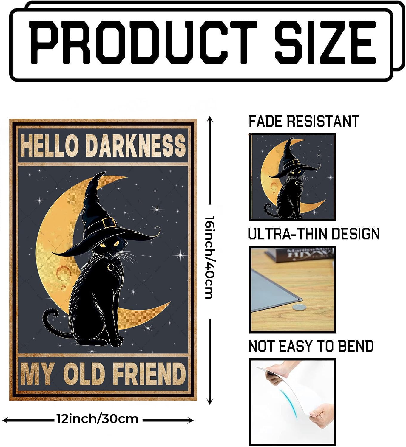 Black Cat Witch Halloween Metal Tin Sign - Hello Darkness My Old Friend Retro Wall Decor 12x16 Inch for Home, Bar, Kitchen, Hotel & Coffee Shop