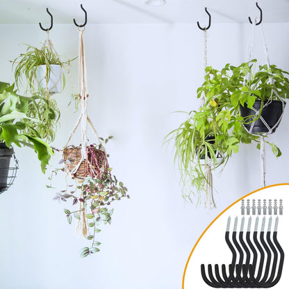 KURUI Large Heavy Duty Screw Hooks for Hanging Plants, Outdoor String Lights, Bike, 8 Pack Ceiling Hooks for Garage Organization and Storage, Black No Drill Wall Hangers