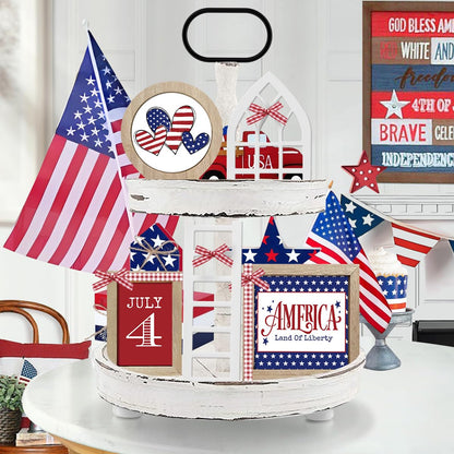 nuvagiki Interchangeable Seasonal Tiered Tray Decor Set, Farmhouse Holiday Wooden Sign Kit with Frames, Ladder & Arch, Year Round Home Decorations for Bee Spring Summer Patriotic (Tray Not Included)