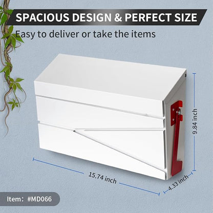 Ydocabinit Wall Mount Mailbox, Large Capacity Mailbox for House, with Flag Kit, Galvanized Steel Rust-Proof Metal Post Drop Box, Mailboxes for Outside, 15.74"×9.84"×4.33", White, Modern Sleek Style