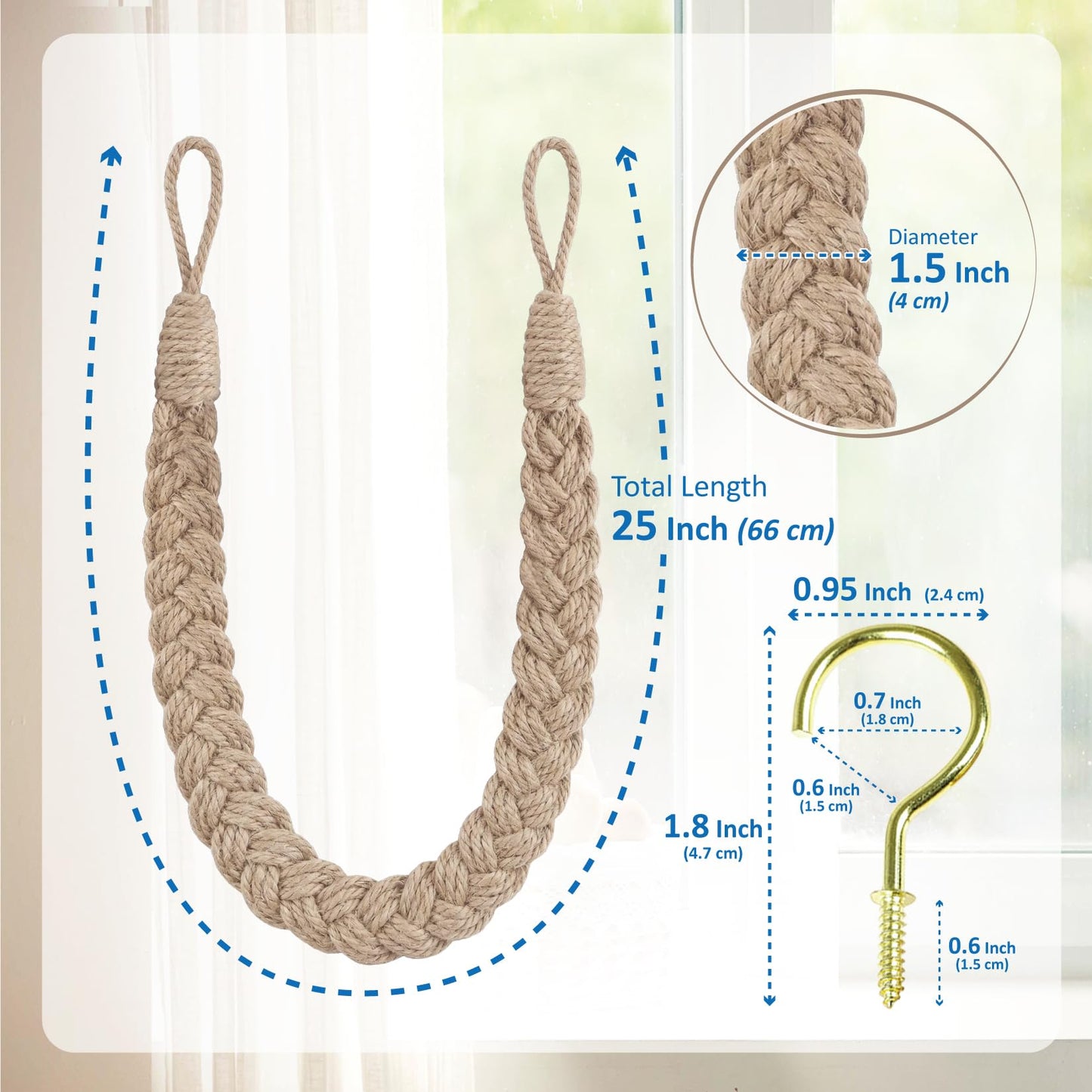 Hand-Braided Faux Linen Curtain Tiebacks with Wall Hooks, Boho Window Curtain Tie Back Holdback, 25 inch Extra Long Rope for Living Room Bedroom, Set of 4,Linen