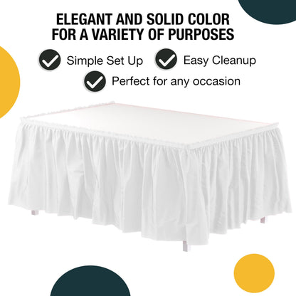 Exquisite White Table Skirt 6 Pack - Disposable Plastic Table Skirts for Rectangle Tables 6ft 8ft & Round Tables - 29in x 14ft Self-Adhesive Strip - Birthday Wedding Gender Reveal Decor