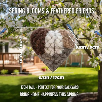 Handmade Fiber Bird Nesting Heart, Refillable Birds Haven 1 Heart Shape Hummingbird Nesting and 2 Bags of Nest Materials, Winter Fowl Gifts Animal Hummingbirds Lovers Home Garden Yard(1Set)