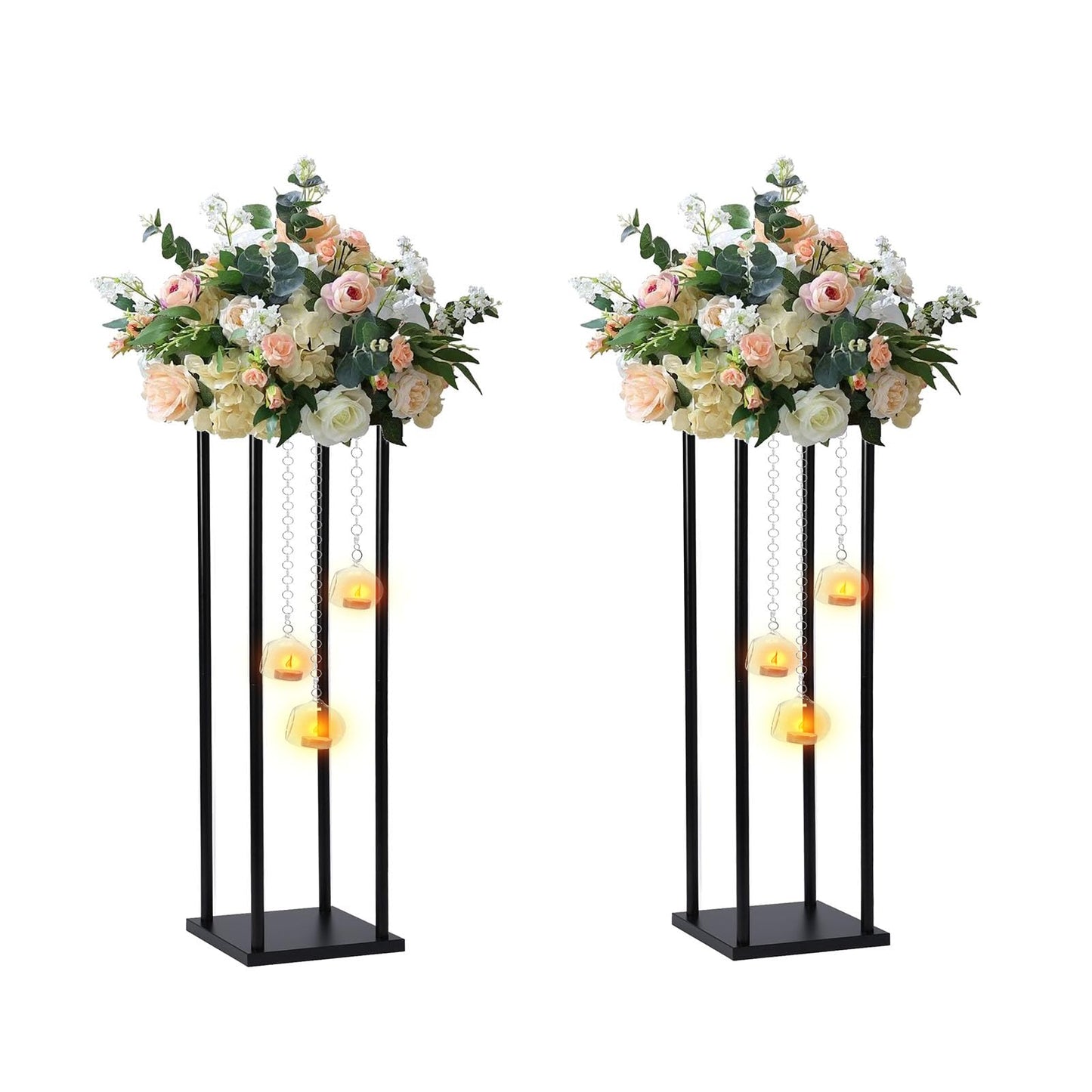 Rectangular Metal Wedding Flower Stand Vase with Hanging Glass Globe Terrarium Tealight Candle Holder, Multifunctional Geometric Column Frame Centerpiece (Black, 2 Pcs 25.2'')