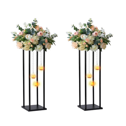 Rectangular Metal Wedding Flower Stand Vase with Hanging Glass Globe Terrarium Tealight Candle Holder, Multifunctional Geometric Column Frame Centerpiece (Black, 2 Pcs 25.2'')