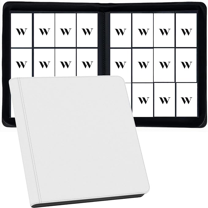 12 Pocket Card Binder, 720 Pockets PU Leather Zipper Trading Card Collection Album, Side-Loading Card Storage Folders for MTG, TCG, Game/Sport Crads (White, 12 Pockets)