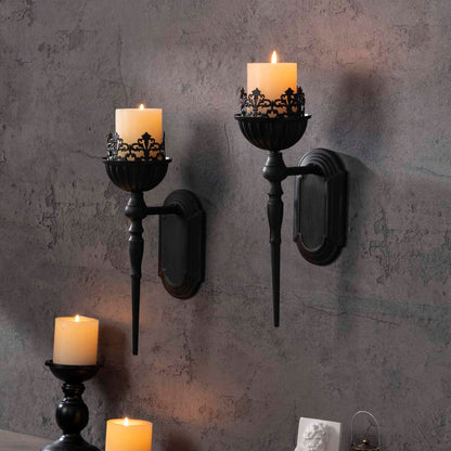 Gothic Wall Sconce Candle Holder (Set of 2) Black Crown and Scepter Design Wall-Mount Metal Candle Holders Hanging Iron Wall Candle Sconce Holder for Living Room, Bathroom, Dining Room