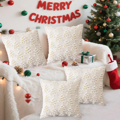 4 Pcs Christmas Throw Pillow Covers 18x18, Soft Faux Fur Pillow Cases Holiday Decorations, Fluffy Plush Accent Couch Cushion Case for Festivals Winter Sofa Living Room Home Decor(White Tree)