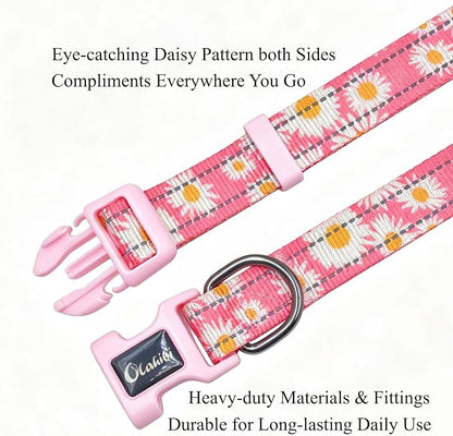 Dog Collar Leash Set, Floral Pattern, with Safety Reflective Strips, 5 ft Matching Leash, Neoprene Padded Handle, Adjustable 4 Sizes for Small Medium Large Dogs.(S, Pink Daisy)