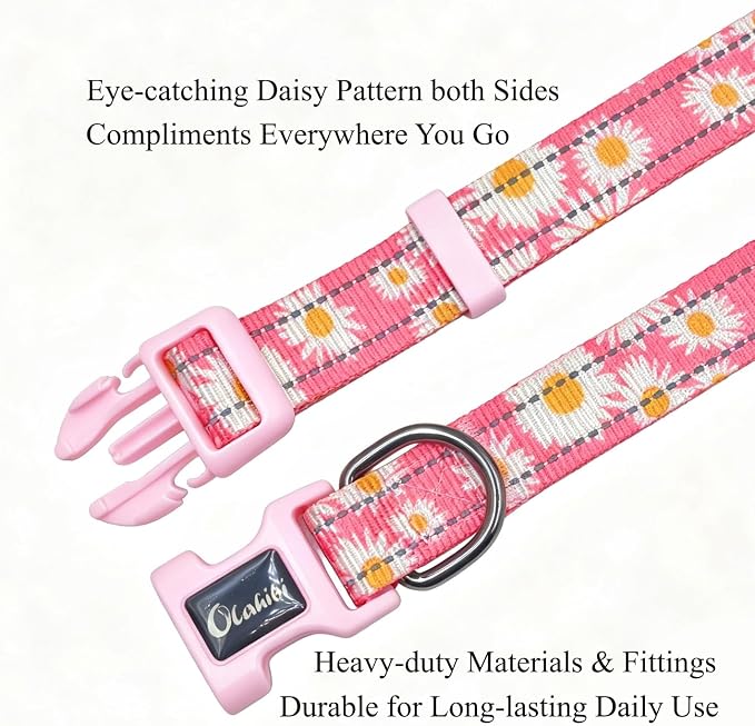 Dog Collar Leash Set, Floral Pattern, with Safety Reflective Strips, 5 ft Matching Leash, Neoprene Padded Handle, Adjustable 4 Sizes for Small Medium Large Dogs.(XS, Pink Daisy)
