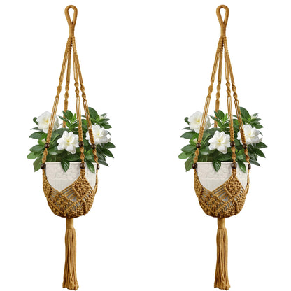 USLAI Macrame Plant Hanger Indoor Outdoor, Fits 3 to 6.5 inch Pots, Hanging Planter Holder with Beads and Tassels, Boho Home Decor, 35+35 Inch, Brown (POTS NOT Included)