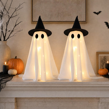 Halloween Decorations-Set of 2 Light-Up Ghosts with Witch Hats, Ghost Table Centerpiece-Spooky Tabletop Decor for Mantel Dining Table Party Indoor Home