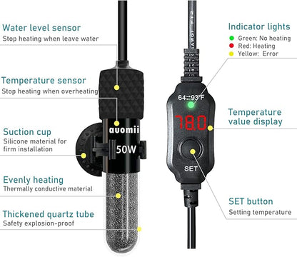 Small Submersible Aquarium Heater,Adjustable Mini Fish Tank Heater 25/50/100/150/200/300 Watts with External Temperature Controller, LED Display, Smart Memory, Used for 1-60 Gallons (100W)