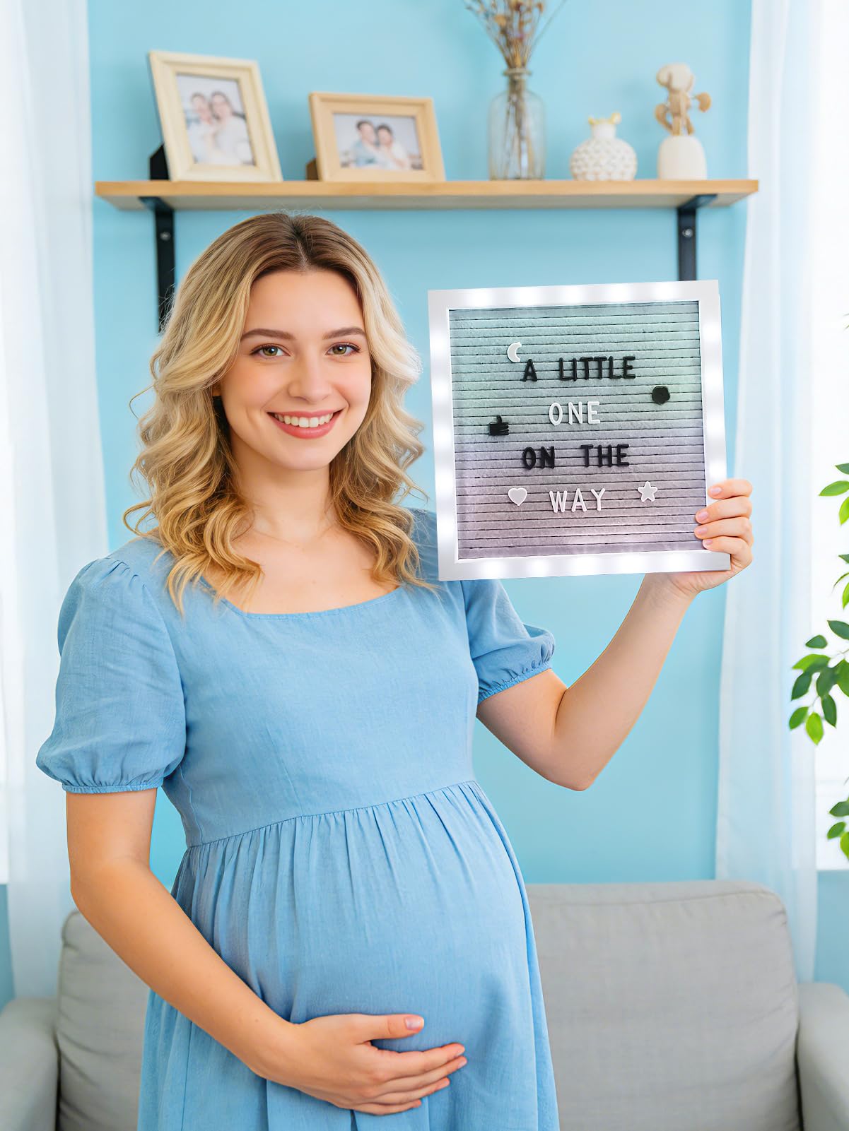 Changeable Felt Letter Board with LED Lights - 10×10" Message Custom Signs & Wood Stand & 450 Letters, Poster Board for Baby/Pregnancy Announcement/Classroom Decor Gifts First Day of School, Gradient