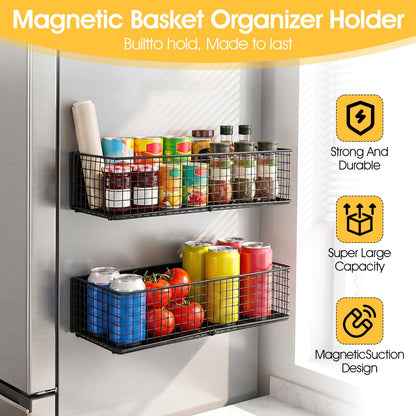 kuyeyzu 2 Pack Magnetic Basket Organizer Holder for Fridge Magnetic Shelf Spice Rack for Whiteboard, Garage, Kitchen, Workshop Black