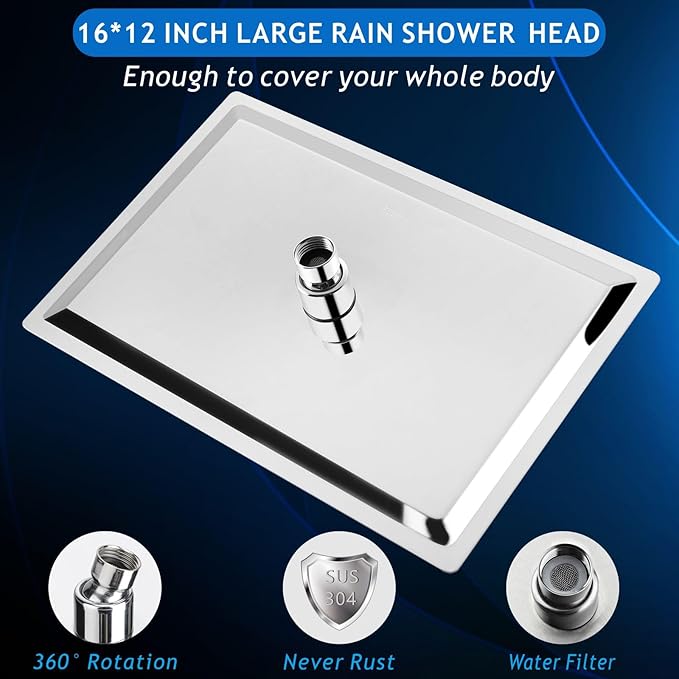 Voolan Extra Large Rain Shower Head - High Flow Square Rainfall Showerhead - Waterfall Full Body Coverage - Universal Ceiling or Wall Mount (16 * 12 Inch Rectangle, Chrome)