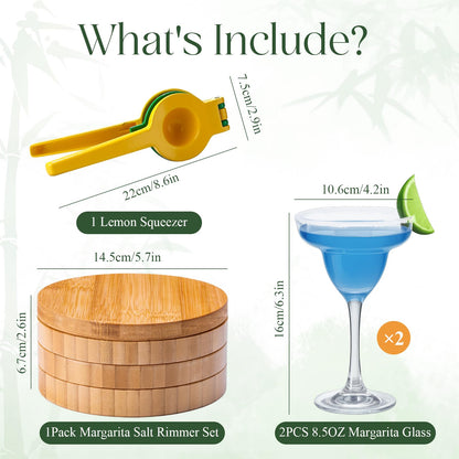 USEEKRIL 3-Tier Bamboo Margraita Salt Rimmer Set with 2 Glass&Lemon Squeezer,Margraita Kit Gift Set,Salt&Sugar Rimmer for Drinks,Glass Rimmer Tools with Magnetic Swivel Lid for Bartenders,Parties