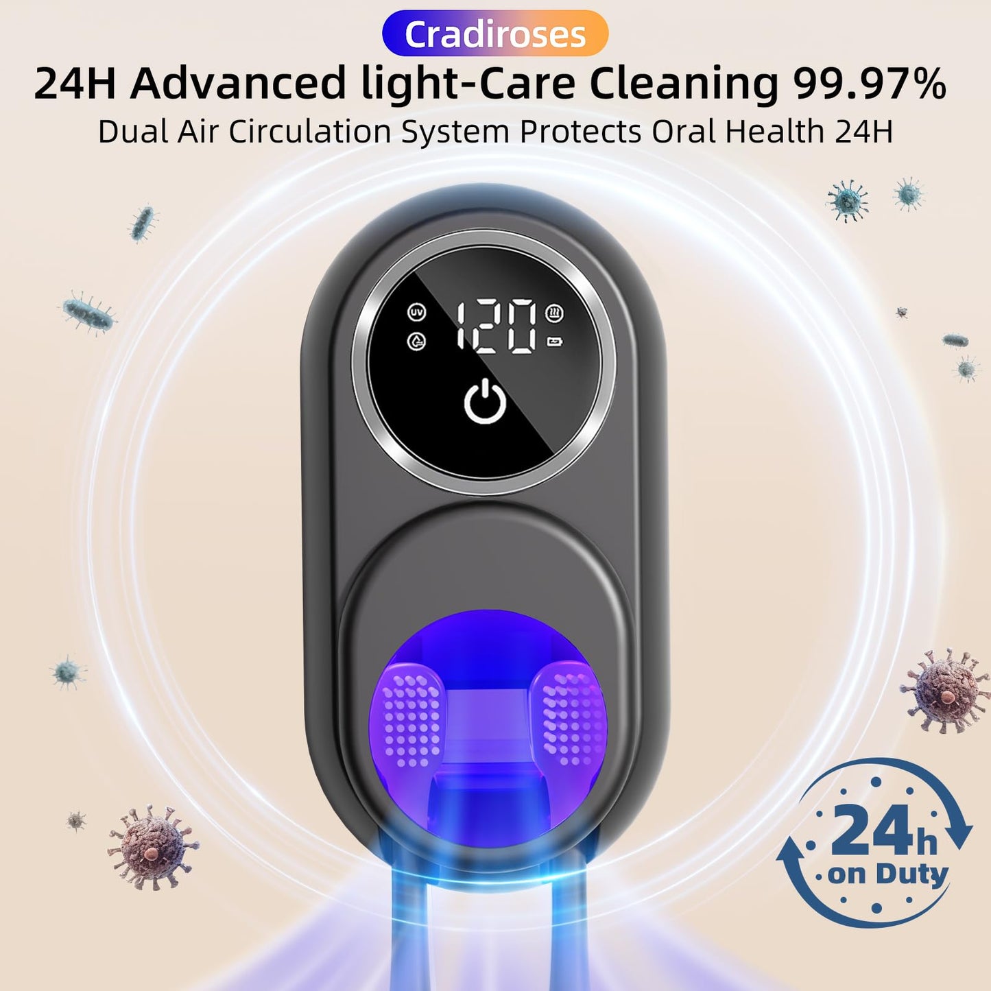 Cradiroses Black UV Toothbrush Sanitizer Holder - 2 Slots Auto-Sensor Wall-Mount with LED Smart Screen, Heated Fan Drying, Rechargeable for Bathroom