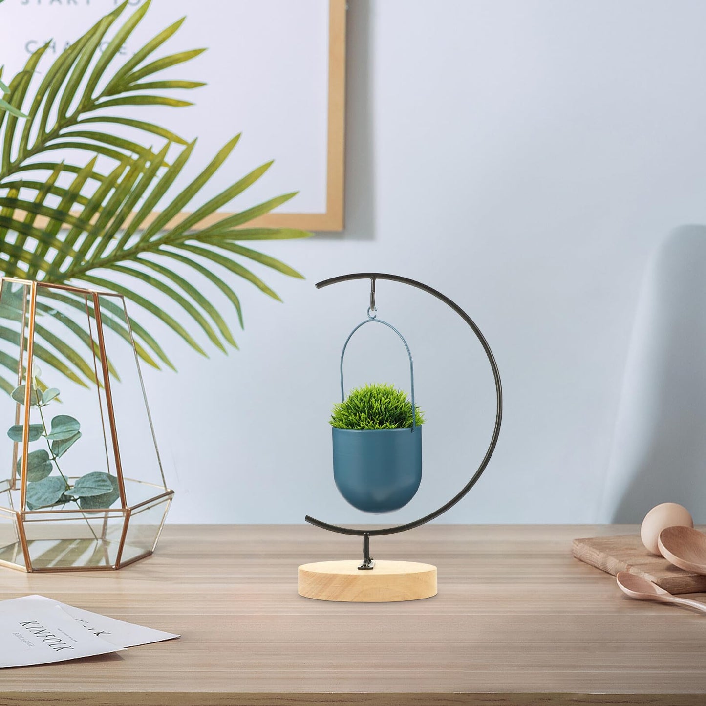 OSALADI Glass Flowerpot Desktop Stand with Wooden Base, Moon-shaped Iron Terrarium Hanging Bracket for Indoor Plant Display and Ornament Holder