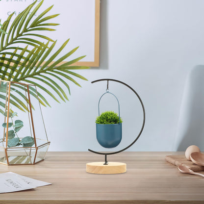 OSALADI Glass Flowerpot Desktop Stand with Wooden Base, Moon-shaped Iron Terrarium Hanging Bracket for Indoor Plant Display and Ornament Holder