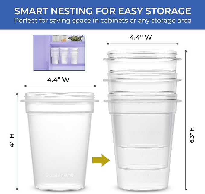 BubbleWally JoyPlus Overnight Oats Containers with Lids Plastic (Grey) - Meal Prep Containers Reusable for Food Storage – 16oz Jars for Breakfast, Snacks, and Lunch
