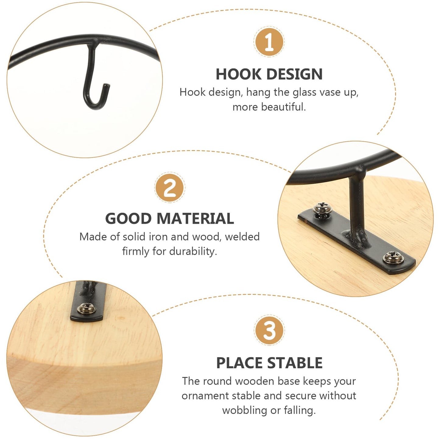 OSALADI Glass Flowerpot Desktop Stand with Wooden Base, Moon-shaped Iron Terrarium Hanging Bracket for Indoor Plant Display and Ornament Holder