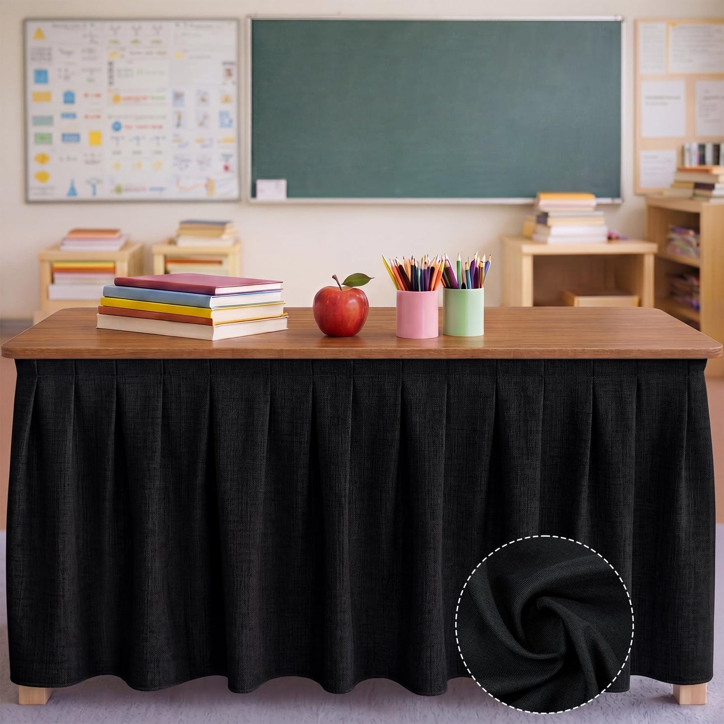 Tingjoo Black 9 ft X 30'' Teacher Desk Skirts Linen Textured Desk Tablecloth Skirts Pleated Office Decor Back to School Supplies for Classroom School Office Rectangular Round Table Cover