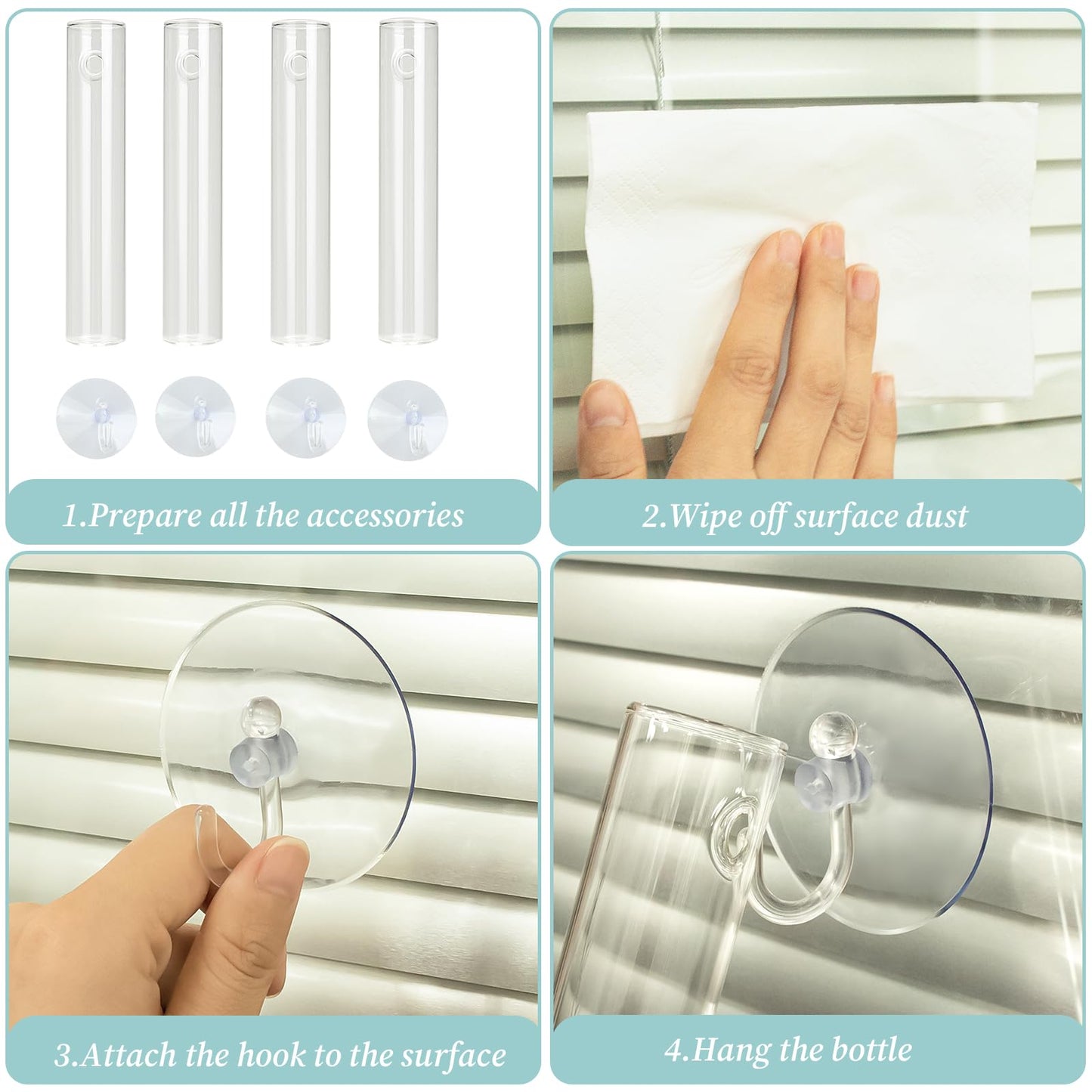 FOWSRHRG 4PCS Wall Hanging Planter Propagation Stations, Plant Tube with Suction Cup Hook, Test Tube Propagation Station Wall Clear Plant Vase No Nails with Bottle Brush Flower Plant Terrarium