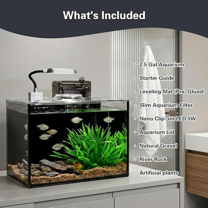 2.5 Gallon Small Aquarium Set Glass Fish Tank,Desktop Small Aquarium Kit for Beginners and Children to Keep Betta Fish, Goldfish, Shrimp, and Aquatic Plants (Black, 2.5 Gallon (Complete Kit) ﻿)