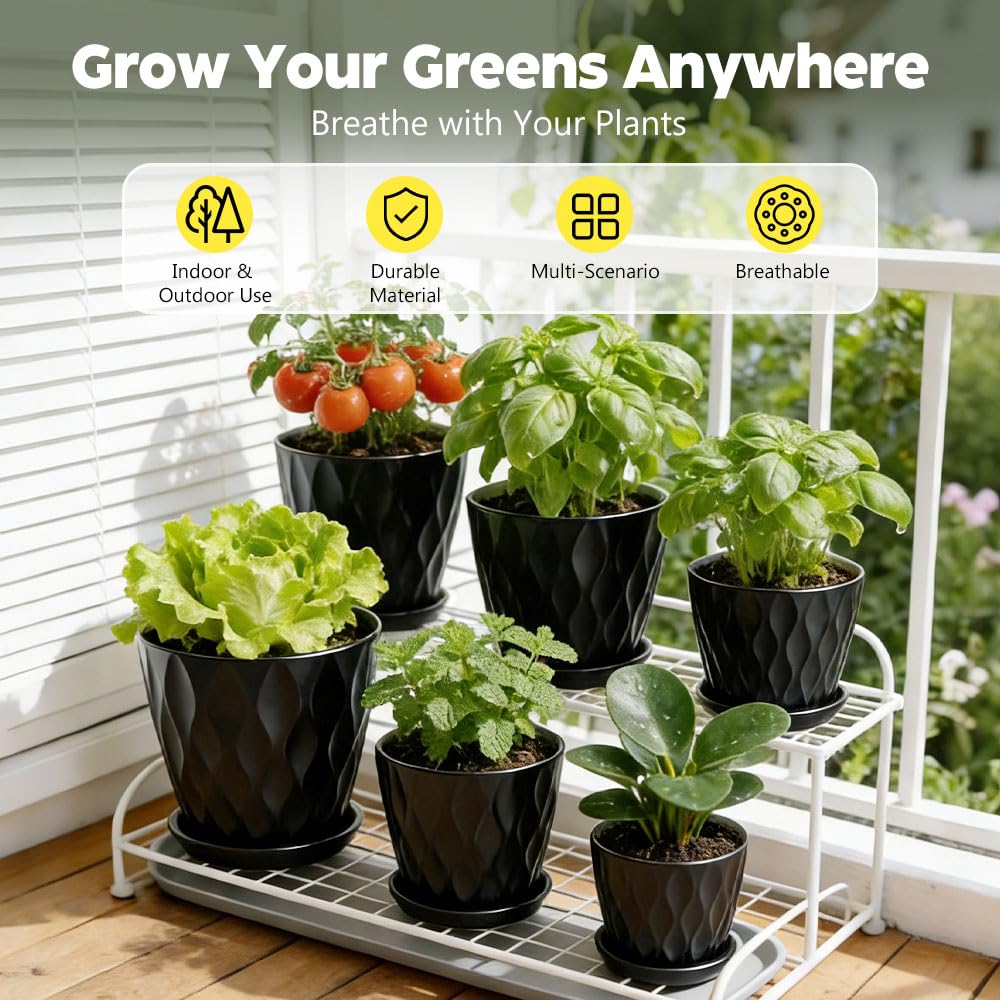 KEETUMOOD Plant Pots, Self Watering Planters with Drainage Holes and Trays, Flower Pots for Indoor Outdoor - 6 Pack(4/5/6/6.5/7/8 Inch) (Black)